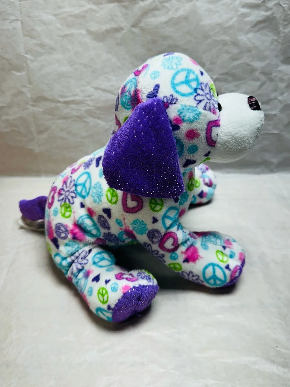 WEBKINZ GANZ Plush Puppy Toy - Purple & Multicolor Peace Signs